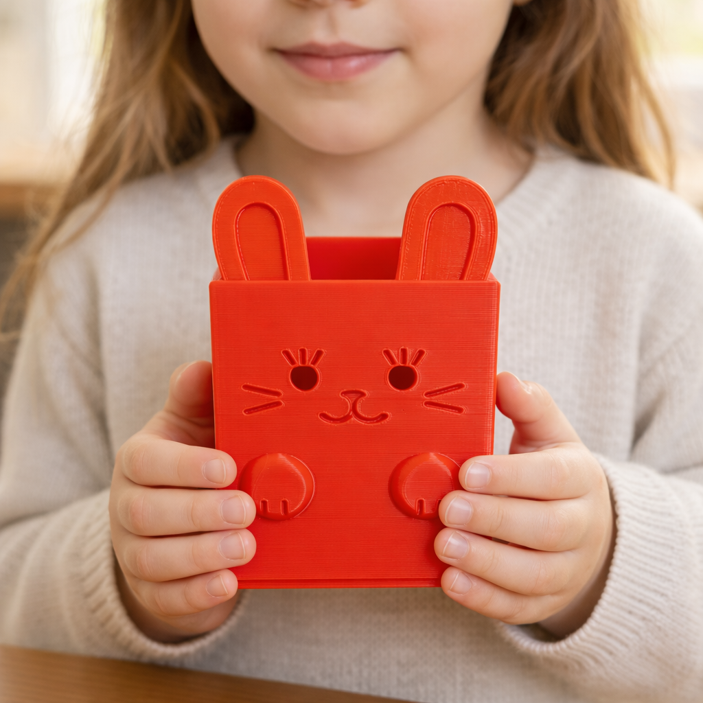 Enfant tenant une boîte à crayons lapin rouge imprimée en 3D