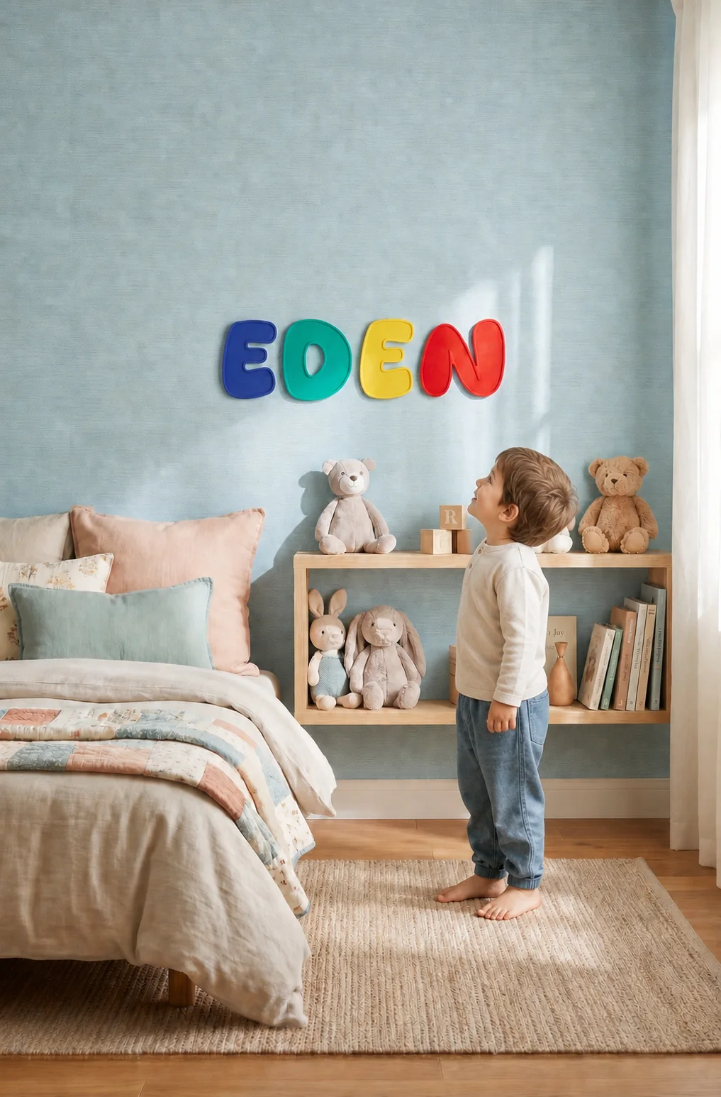Enfant dans sa chambre devant son prénom en lettres 3D colorées