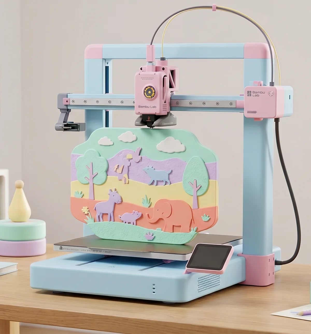Imprimante 3D pastel créant une décoration enfant