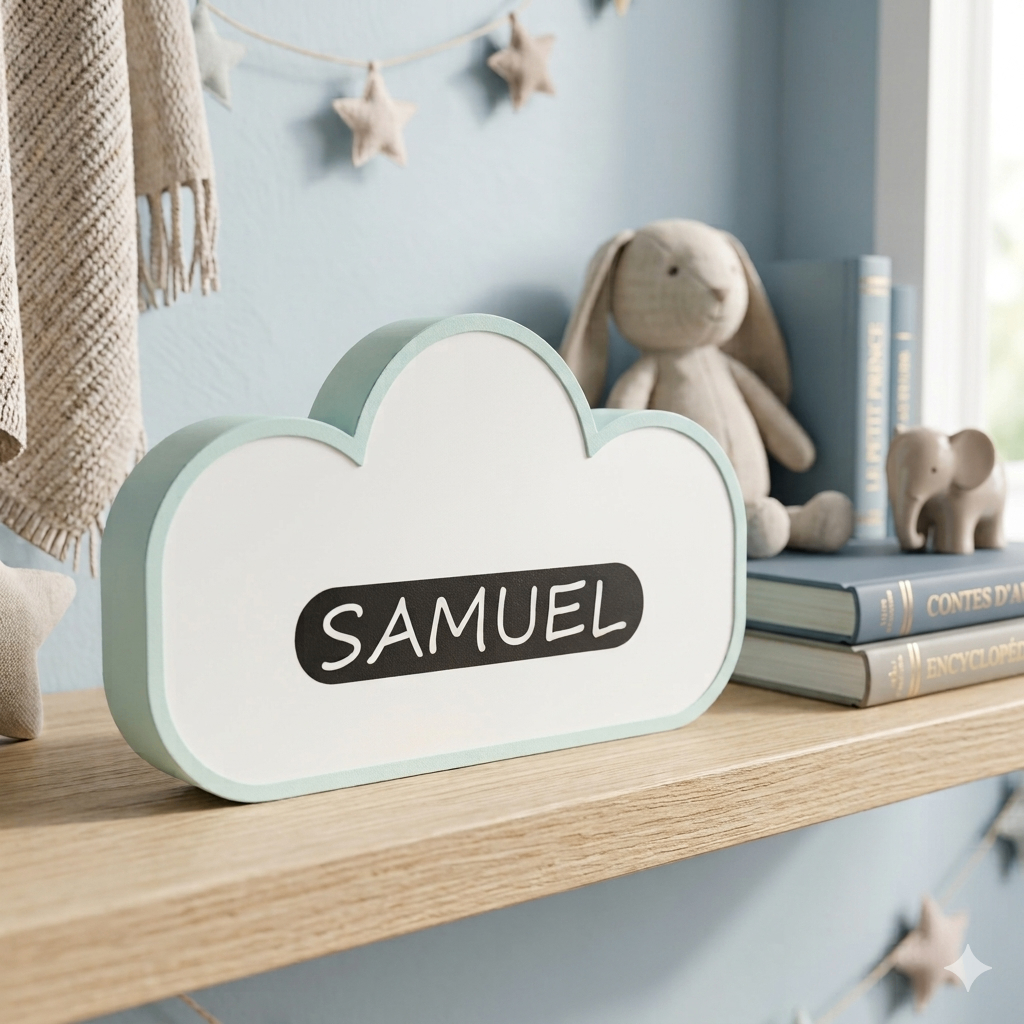 Plaque nuage 3D avec prénom personnalisé en chambre d'enfant