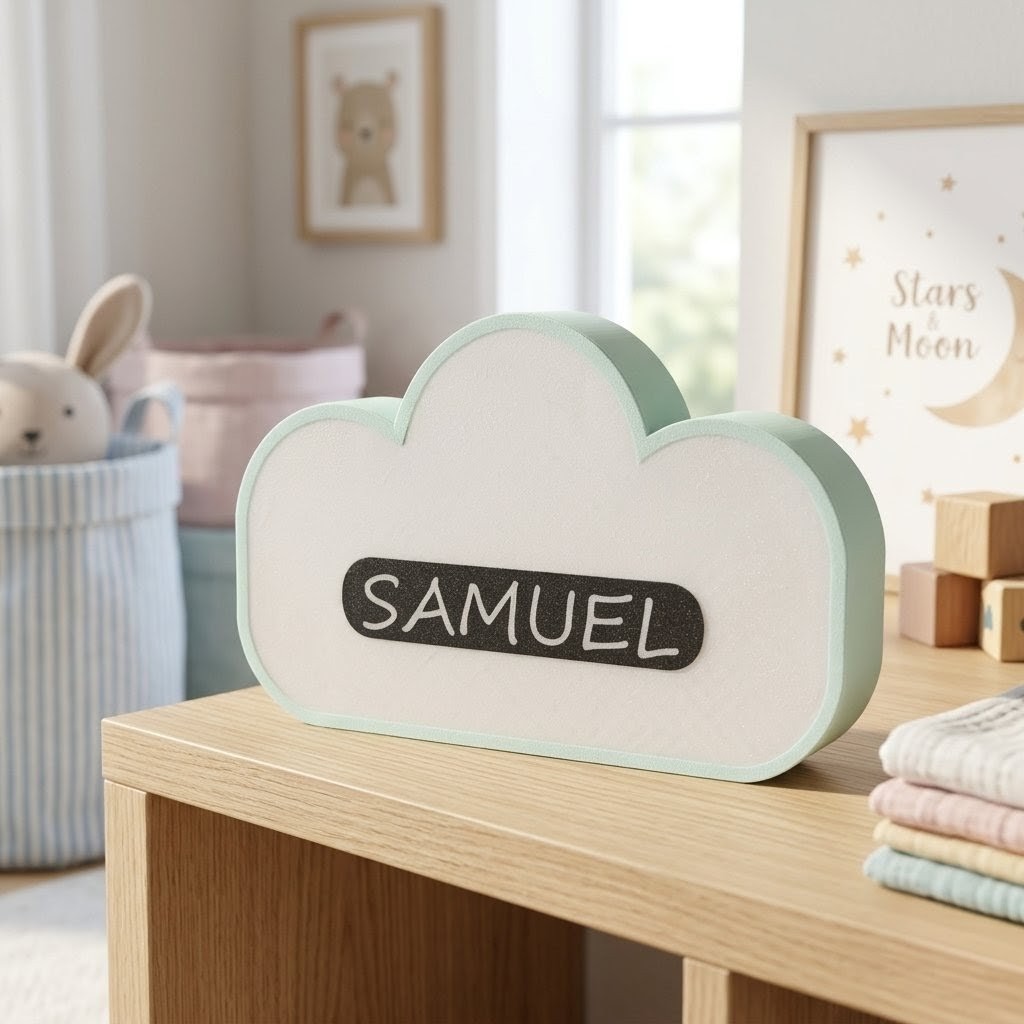 Plaque nuage 3D grise avec prénom personnalisé posée sur étagère